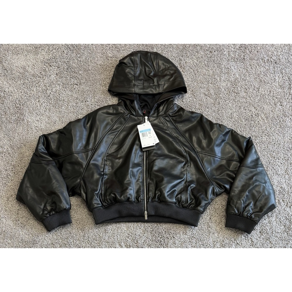 Jordan Flight Faux Leather Cropped Jacket Black Hooded IF0947-010 Womens Size M